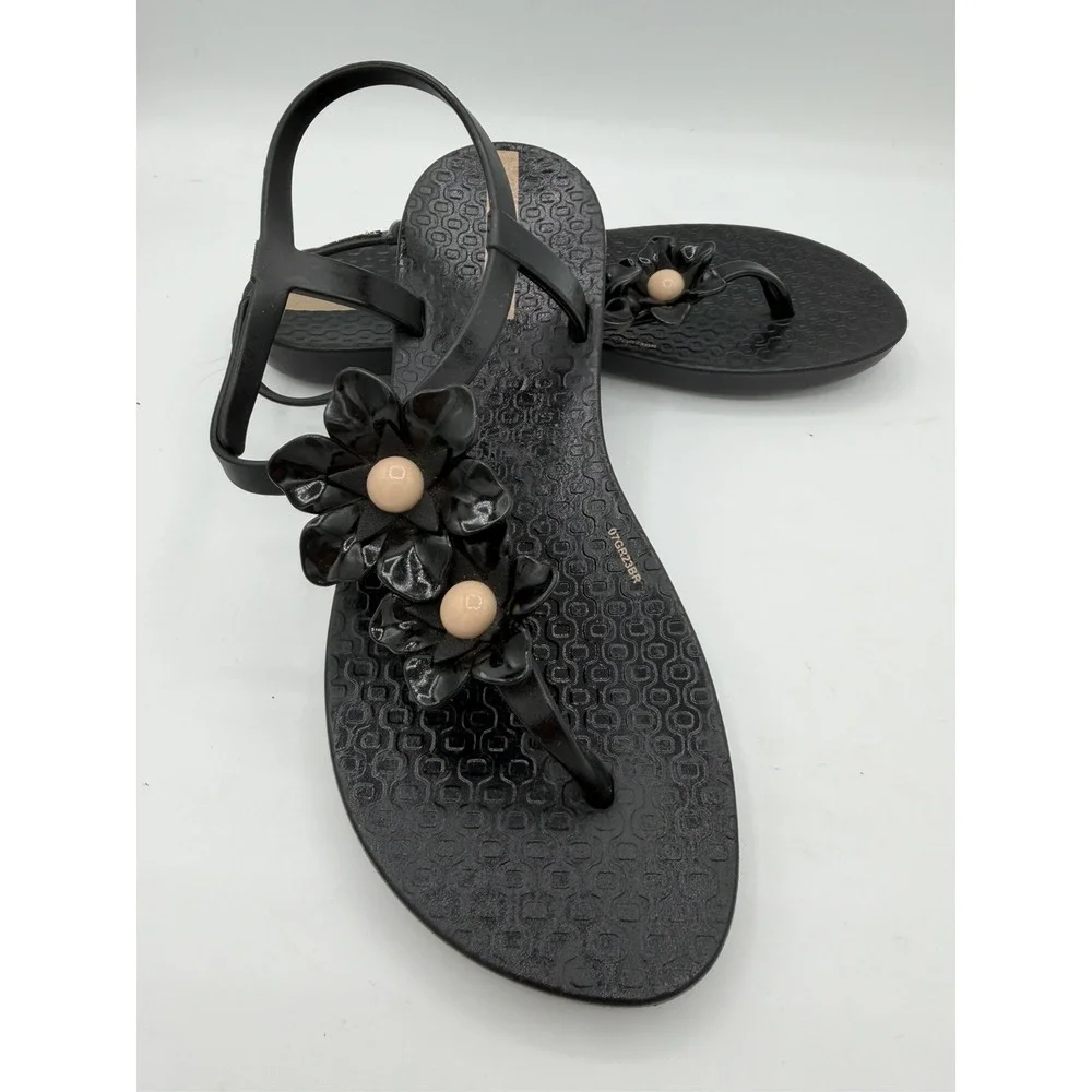 Ipanema Duo Flowers Girls Sandals Strappy Sling Black Beach Flats Size 2/3